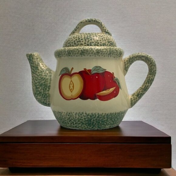 Vintage Teapot Stoneware Apple Motif Tender Hearts Treasures Primitive Farmhouse - Picture 16 of 16